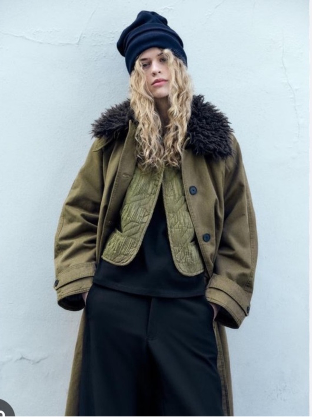 Zara Olive Green Faux-Fur Collar Long waxed Coat - Women's Trench